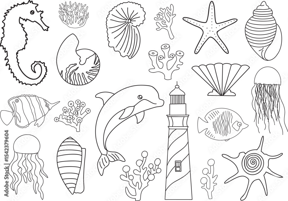 Fototapeta Set of sea life animals Outline vector illustration Hand-drawn art line Great for coloring book, greeting cards, educational material, kids party invitations