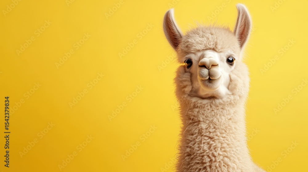 Fototapeta premium A charming and endearing alpaca posing against a bright yellow background, radiating warmth and friendliness, making it a delightful subject for animal photography.
