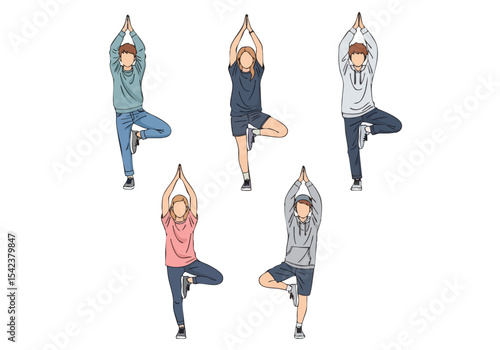 Flat Illustration Standing Yoga Pose Men and Women Group Activity