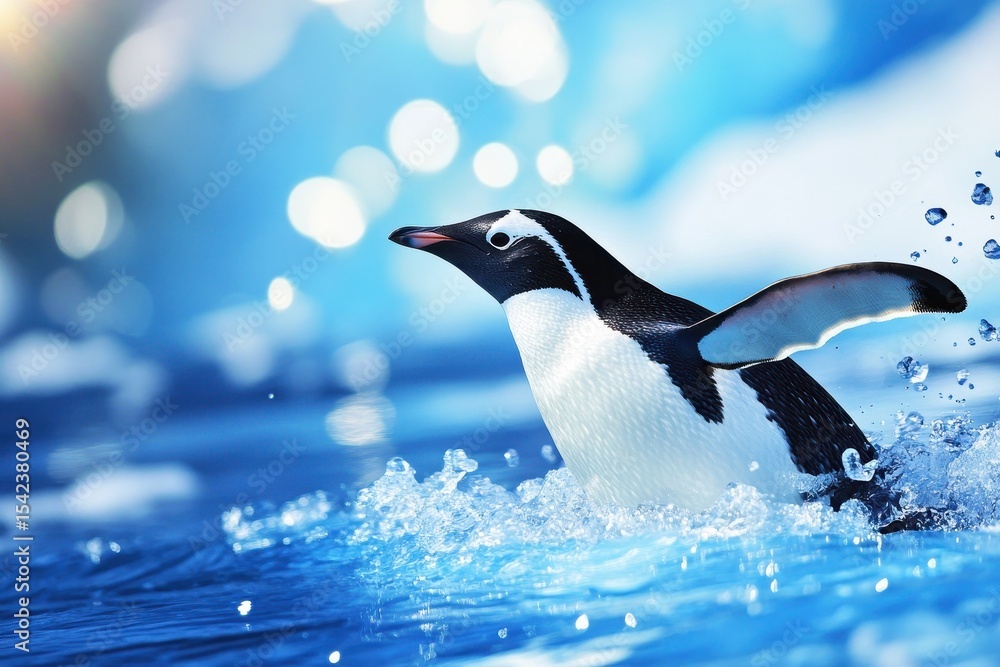 Obraz premium Dramatic Shift: Melting Glaciers Under Bright Blue Skies with Penguins in Their Icy Habitat