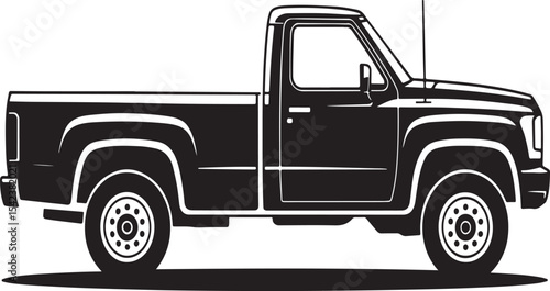 Classic pickup truck side view black and white illustration