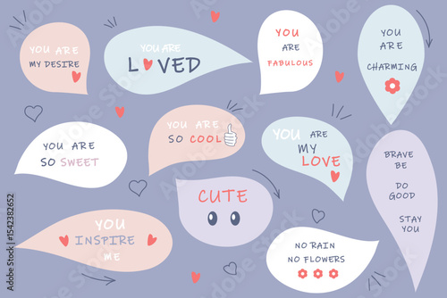 Set of speech bubbles with compliment phrases, self love quotes Vector illustration
