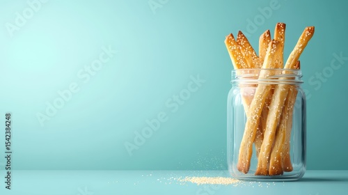 This image showcases a collection of golden, crunchy artisan breadsticks elegantly displayed in a clear glass jar, imparting a feeling of gourmet delight and sophistication.