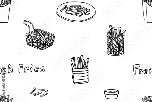 Seamless pattern of French fries in doodle style. Fast food. Street food. Great for menu design. Hand drawn	