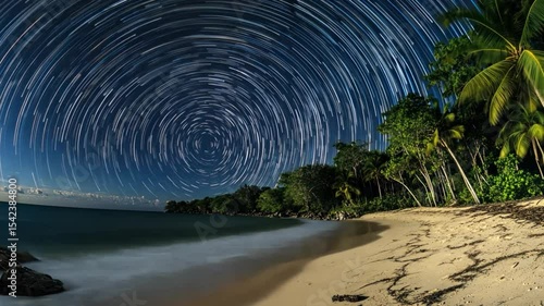 Star Trails over Tropical Beach at Night