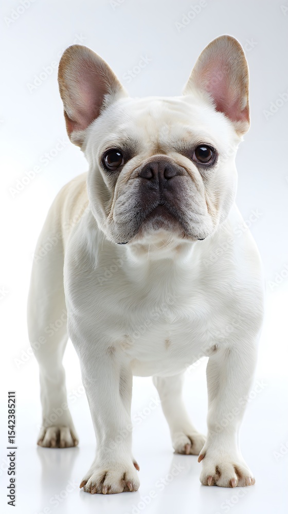 An alert French Bulldog stands tall against a white background, showcasing its distinctive features and charming personality with bright and attentive eyes. An alert French Bulldog stands tall against a white background, showcasing its distinctive features and charming personality with bright and attentive eyes.