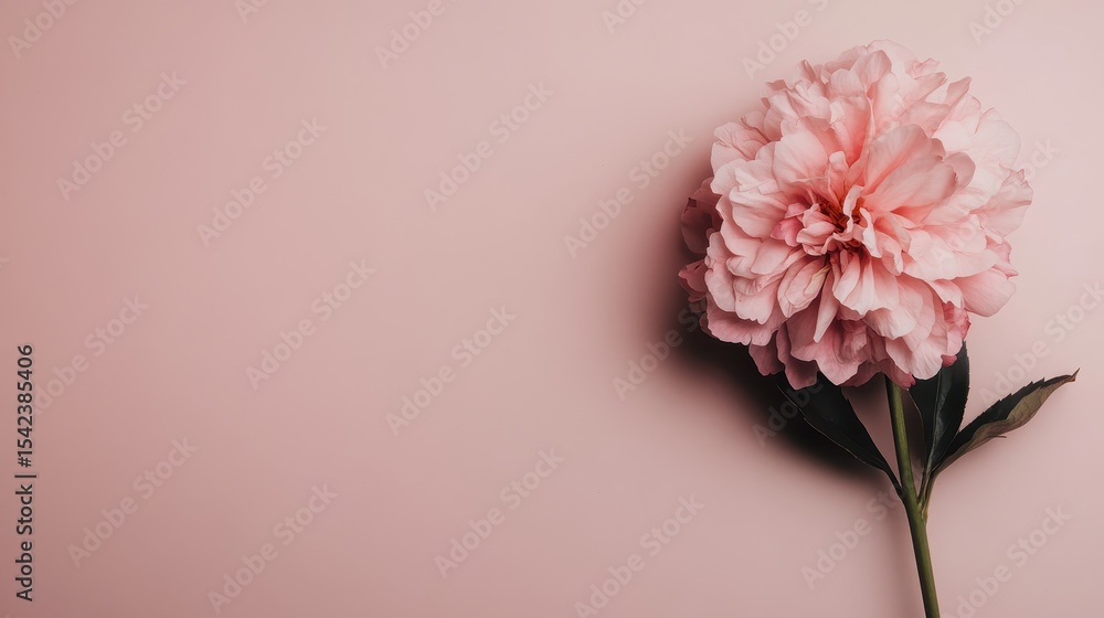 Fototapeta premium A beautiful pink peony rests gracefully against a soft pink background, representing romance and the elegance of nature's floral artistry in a minimalist design.