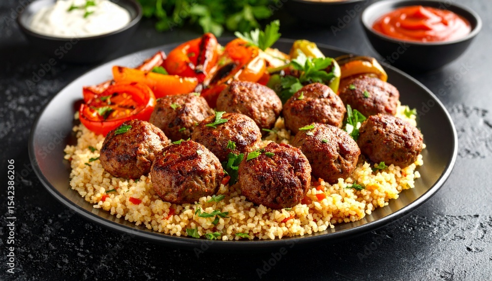 Köfte with Bulgur Pilav and Roasted Pepper. Turkish Traditional Food Köfte with Bulgur Pilav and Roasted Pepper. Turkish Traditional Food