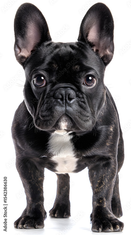 A brindle French Bulldog stands alert against a stark white background, its large ears and soulful eyes capturing the viewer's attention. A brindle French Bulldog stands alert against a stark white background, its large ears and soulful eyes capturing the viewer's attention.