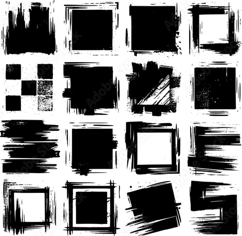 Black vector rough edge rectangles. Grunge square frames set. Jagged edge torn paper background collection. Paint brush strokes. Grungy distressed text boxes. EPS 10 version.