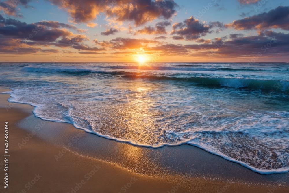 Obraz premium Serene sunset ocean waves gently crashing on sandy beach