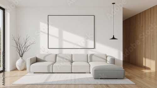 Elegant Living Room Scene with Blank Wall Art, Wooden Flooring, and Ceramic Details