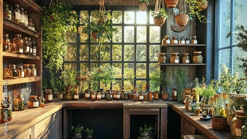 Serene Herbalist's Workshop: Sunlight Illuminates a Room Filled with Plants and Glass Jars