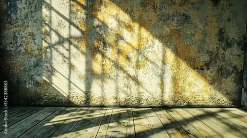 Sunlit Rustic Interior: Grunge Wall and Wooden Floor