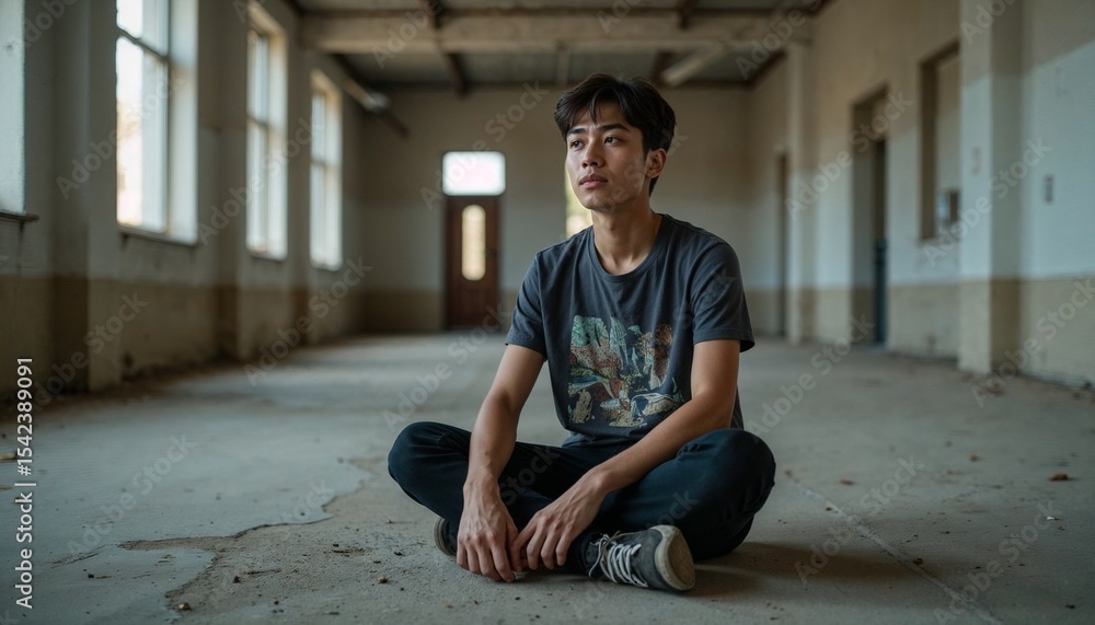 Fototapeta premium Young man sitting cross-legged on floor in empty room 
