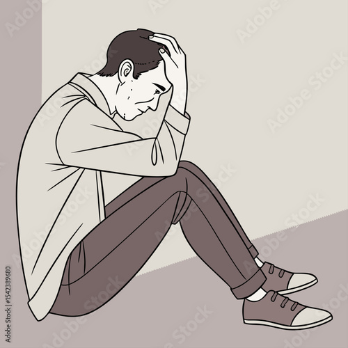 Sad Man Sitting on Floor with Head in Hands Feeling Depressed