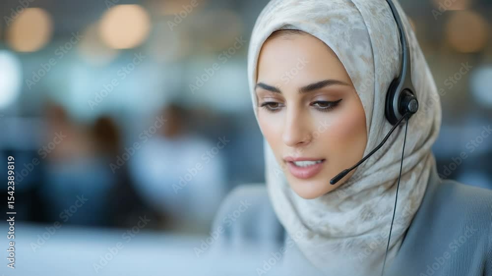 Middle Eastern Call Center Agent at Work in a Busy Environment Middle Eastern Call Center Agent at Work in a Busy Environment
