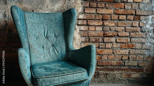 Vintage Teal Wingback Chair Against Brick Wall