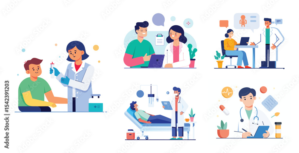 Collection of scenes with doctor and patient activities illustration. Trendy vector style Collection of scenes with doctor and patient activities illustration. Trendy vector style