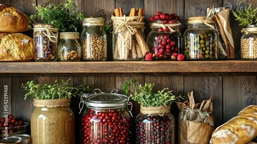 Rustic Pantry: Preserved Goods and Fresh Herbs