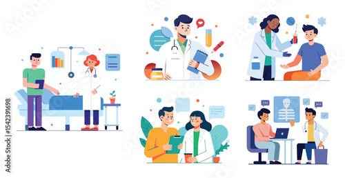 Collection of scenes with doctor and patient activities illustration. Trendy vector style