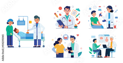 Collection of scenes with doctor and patient activities illustration. Trendy vector style