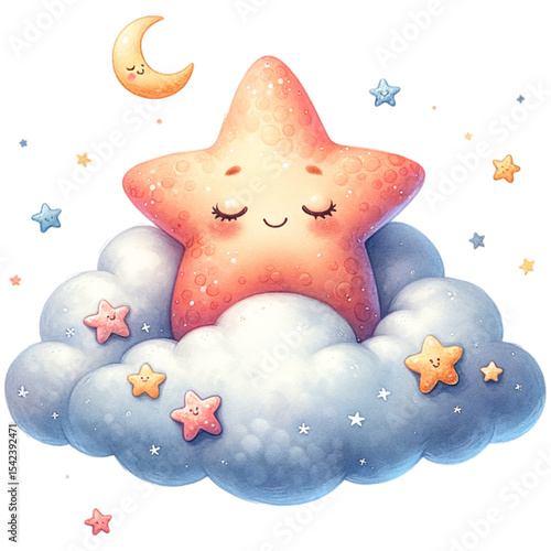 Sleepy Star on Cloud: A cute cartoon star, nestled on a fluffy cloud, sleeps peacefully under a crescent moon and twinkling stars. The scene evokes a sense of calm and wonder.