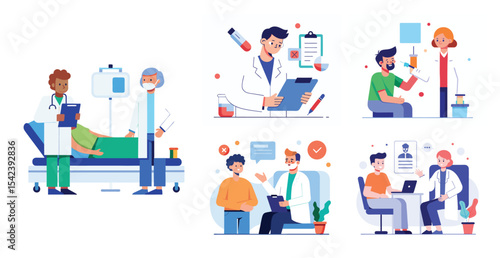 Collection of scenes with doctor and patient activities illustration. Trendy vector style