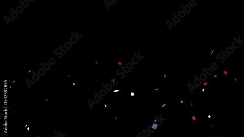 Red white and blue confetti explodes from the bottom of the frame then double pops and falls glittering. 4th of July celebration concept. Video overlay with transparent alpha channel.