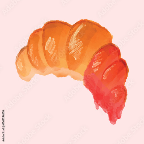 A golden croissant with a shiny cherry filling on a delicate pink background. The watercolor drawing depicts crispy pastries with bright red fruit jam. A gentle illustration of a breakfast