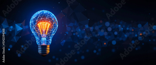 Low Poly Wireframe Glowing Bulb – Innovation and Creative Idea Concept on Dark Background