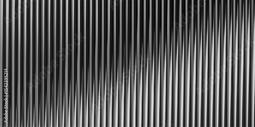 3d glass background with ribbed texture and gradient light effect. Abstract black line pattern for vertical wall panel or window design. Translucent prism reflection with wavy liquid overlay.