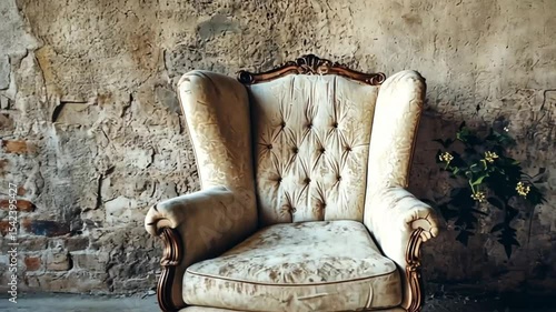 Antique Wingback Chair Against a Rustic Stone Wall