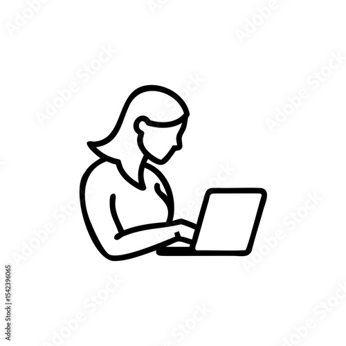 Woman with long hair using laptop computer simple line art illustration black and white design element Handmade