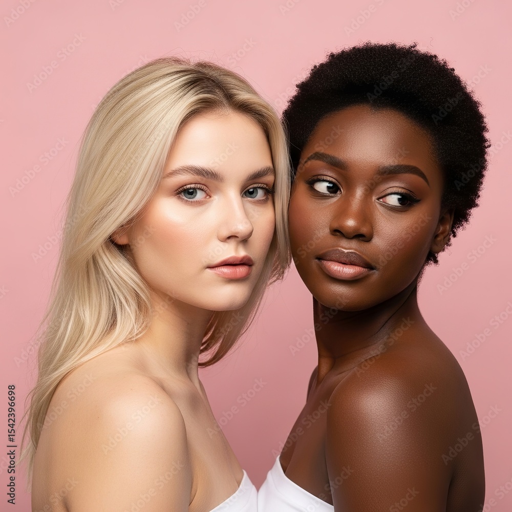 Portrait of Two Young Women with Different Skin Tones and Hairstyles, Emphasizing Natural Beauty and Diversity Portrait of Two Young Women with Different Skin Tones and Hairstyles, Emphasizing Natural Beauty and Diversity