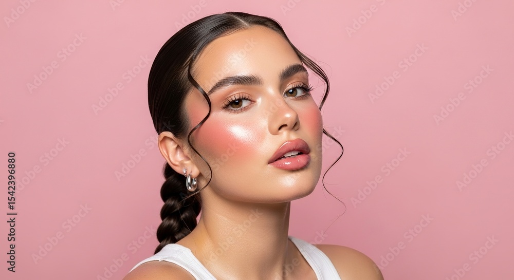Radiant Beauty Portrait of a Young Woman with a Soft Pink Glow and Braided Hair Radiant Beauty Portrait of a Young Woman with a Soft Pink Glow and Braided Hair