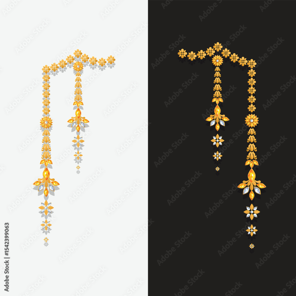 Fototapeta premium Traditional Indian Maang Tikka Jewelry Design – Gold Bridal Ornament on White and Black Background