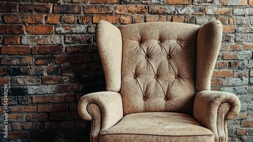Beige Wingback Chair against Brick Wall