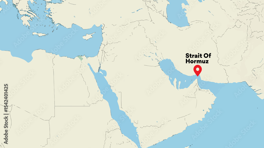Naklejka premium Strait of Hormuz with the location icon in minimal geographical map style showing Middle East coastlines and land shapes with soft colors
