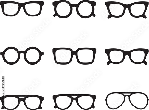 Collection of Eye Glasses Shapes and Styles Displaying a Variety of Modern and Retro Frame Designs in an Organized Grouping