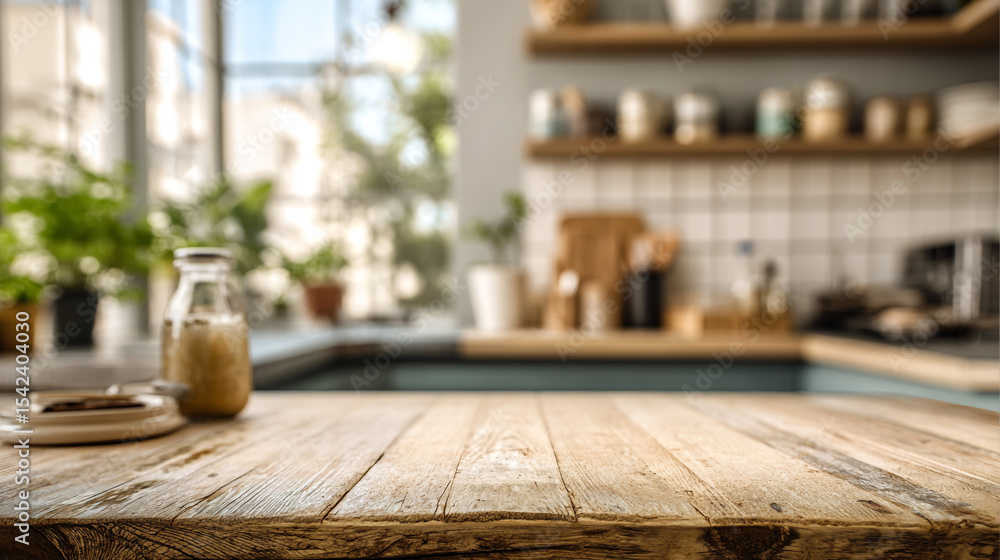 Rustic Kitchen Ambience: An inviting wooden countertop, bathed in natural light, showcases a breakfast scene and hints at culinary delights, blending a warm, sunlit ambiance. Rustic Kitchen Ambience: An inviting wooden countertop, bathed in natural light, showcases a breakfast scene and hints at culinary delights, blending a warm, sunlit ambiance.