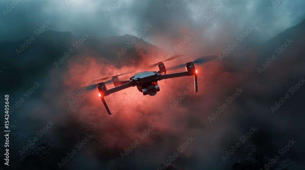 Fototapeta premium A sleek drone hovers amidst dense misty mountains, captured during sunset, embodying exploration, technology, and adventure in a surreal ambient light.