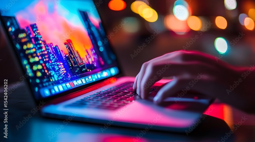 Neon Cityscape Dreams: Immersive Digital Experience on a Backlit Laptop at Night Neon Cityscape Dreams: Immersive Digital Experience on a Backlit Laptop at Night