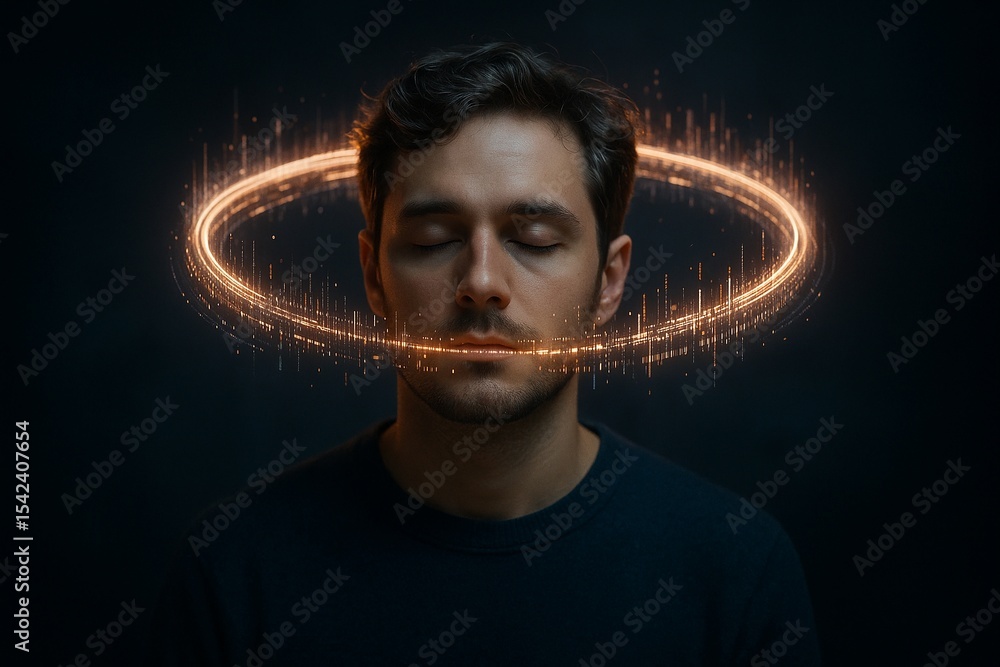 Fototapeta premium Young man calm with orange digital brain computer interface halo, futuristic technology