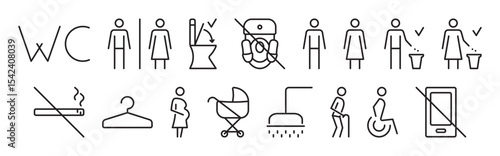 Black line editable stroke icon set for public toilets, linear vector signs for WC, lavatory, bathroom. Collection of monochrome outline pictograms for women and men changing room and restrooms