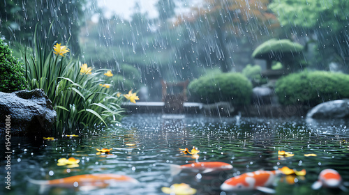 Tranquil garden pond with koi and falling rain drops high resolution picture