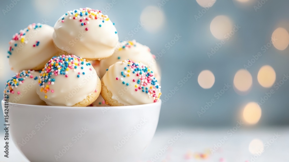 Obraz premium A delightful array of freshly baked cookies drizzled with white chocolate and adorned with colorful sprinkles, evoking joy and the sweet moments of life’s celebrations.