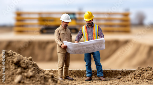 Toy-sized Engineers Review Construction Plans at a Job Site During the Day