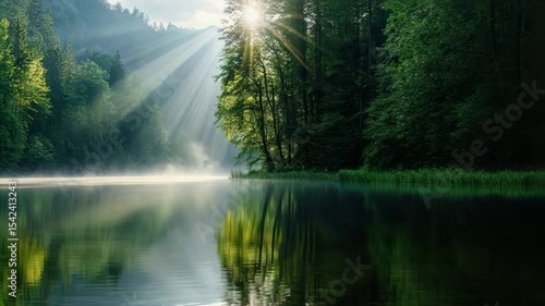 Wallpaper Mural Serene forest landscape with sunlight filtering through trees, reflecting tranquil water Torontodigital.ca