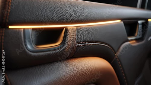 Close-up of luxury car interior door handle with ambient lighting